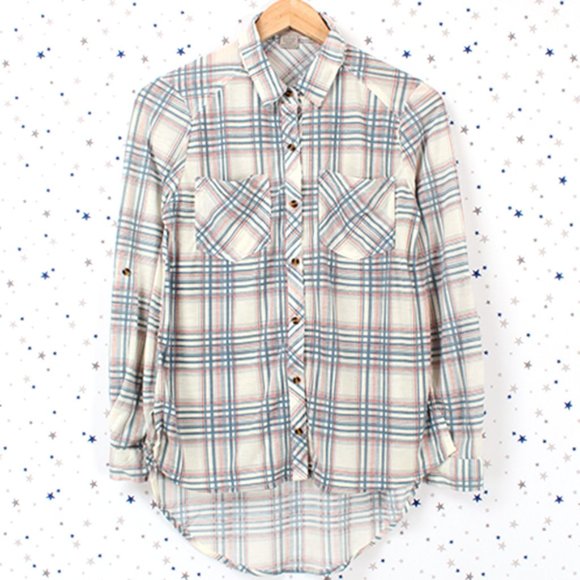 Knit Plaid Button Up Shirt Hi Lo Hem Ivory Denim Blue - Picture 1 of 8